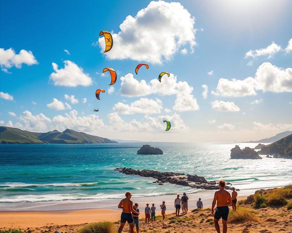 A vibrant kitesurfing scene at Passatwind Kitespot on the Cape Verde Islands, showcasing colorful kites soaring through a bright blue sky filled with fluffy white clouds. In the foreground, a few skilled kitesurfers glide across the azure waves, their kites unfurling in the wind, while onlookers enjoy the view from the sandy beach. The mid-ground features the shimmering ocean with gentle waves, reflecting sunlight, and a few rocky outcrops creating a dynamic landscape. The background reveals lush green hills framing the coastline, adding depth to the setting. The warm, golden light of late afternoon casts long shadows, enhancing the vibrant colors, and evoking a sense of excitement and freedom in this paradise ideal for wind sports.