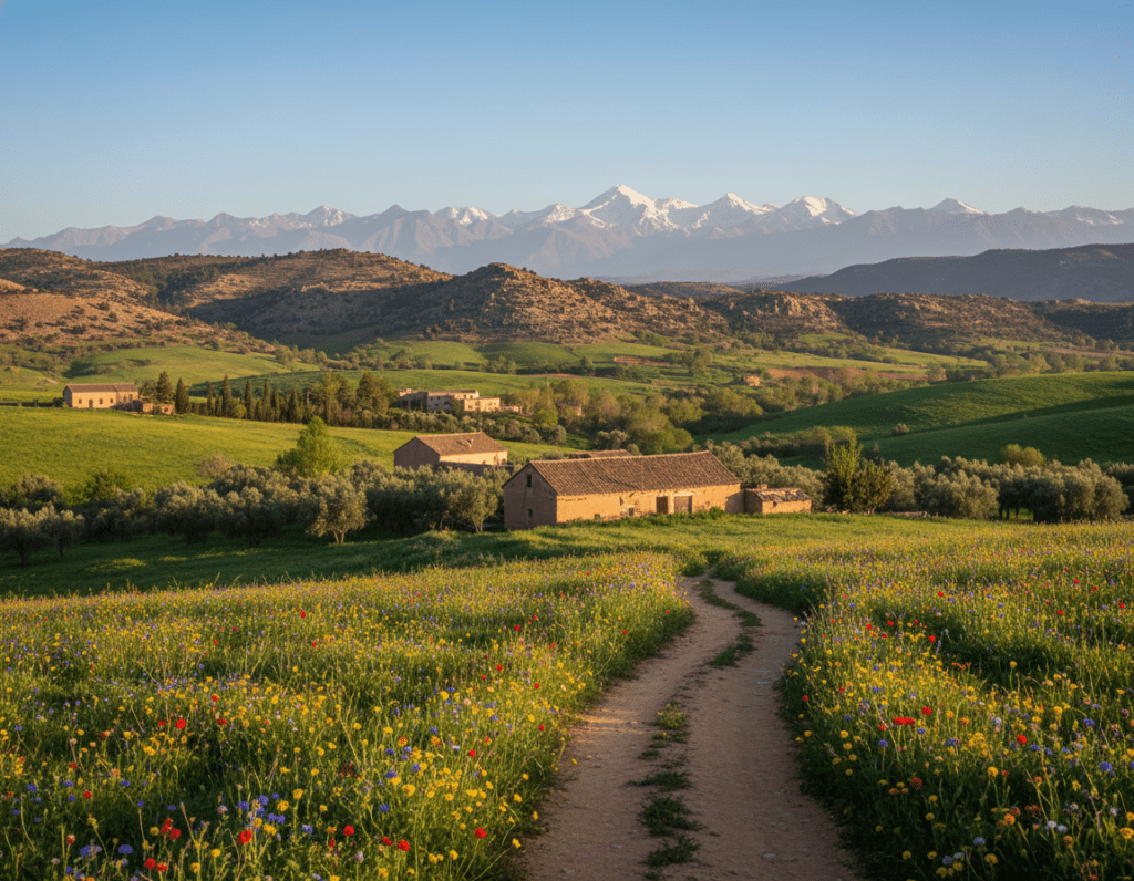 A vibrant landscape depicting the stunning Moroccan countryside surrounding Fes, with rolling hills and lush green valleys. In the foreground, capture a winding dirt path leading into the distance, flanked by blooming wildflowers. The middle ground features traditional Moroccan farmhouses with terracotta roofs, nestled against the backdrop of rugged mountains. In the background, the majestic Atlas Mountains rise against a clear blue sky, bathed in warm, golden sunlight, showcasing the beauty of a typical Moroccan afternoon. The scene exudes tranquility and adventure, inviting the viewer to explore. Use natural lighting for a soft, warm atmosphere, and a wide-angle lens to emphasize the expansive landscape, allowing a sense of depth and immersion.