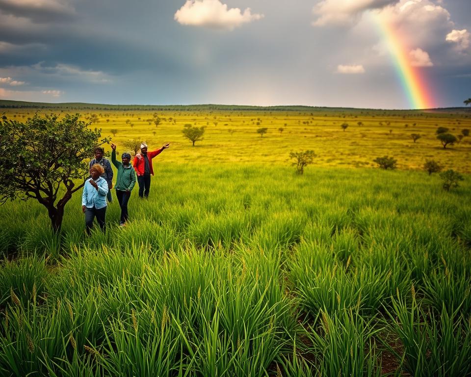 A vibrant, lush landscape of Tanzania during the rainy season, showcasing a sprawling savanna dotted with acacia trees. In the foreground, raindrops fall gently on fresh green grass, creating a sense of renewal. In the middle ground, a small group of travelers in casual, modest clothing, with rain jackets, are enjoying the scenery, pointing towards a distant rainbow. The background features dramatic storm clouds parting to reveal glimpses of bright sunlight breaking through. The atmosphere is lively yet serene, evoking a sense of adventure and tranquility amidst the refreshing rain. The image is richly colorful, with soft, diffused lighting that highlights the textures of the wet earth and vibrant vegetation, captured from a low angle to emphasize the natural beauty of the surroundings.