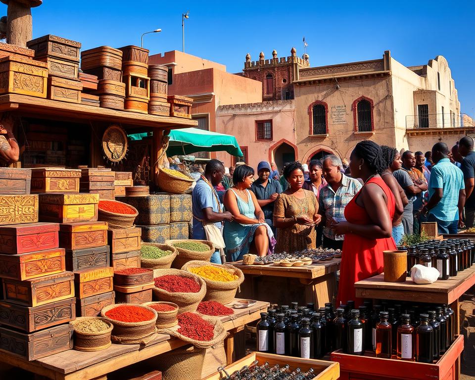A vibrant market scene in Stone Town, Tanzania, showcasing a colorful array of handcrafted souvenirs. In the foreground, a wooden stall adorned with intricately carved Zanzibari wooden boxes, vibrant spices in burlap sacks, and fragrant essential oils in glass bottles. The middle of the scene features local artisans engaging with shoppers, displaying their crafts while wearing modest casual clothing. The background reveals historic buildings with unique Swahili architecture, under a clear blue sky. The warm sunlight casts soft shadows, enhancing the richness of the colors. The atmosphere is lively and inviting, capturing the essence of sustainable shopping in this historic setting.