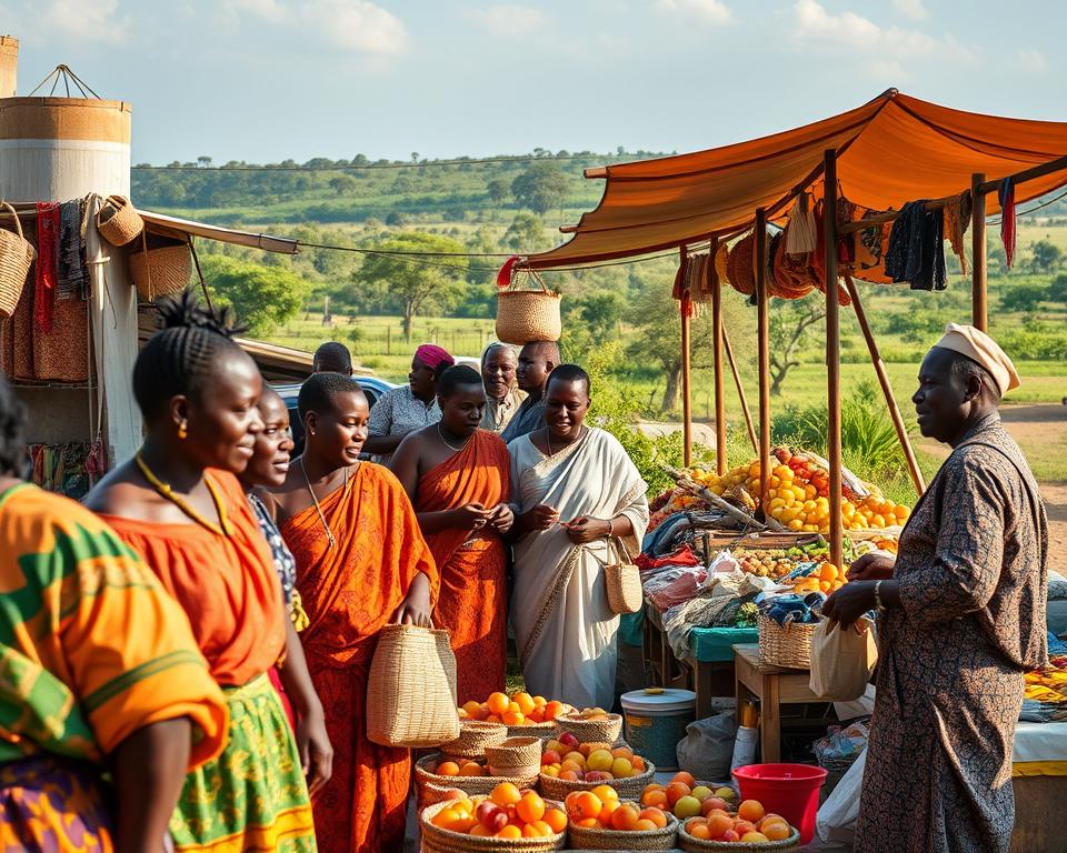A vibrant market scene in the Caprivi Strip, Namibia, showcasing the cultural richness of the region. In the foreground, a group of people in modest, colorful traditional attire engage in lively conversation and barter over local crafts and produce, such as handmade baskets and fresh fruits. The middleground features stalls adorned with rich textiles and handmade goods, with sunlight filtering through an awning, casting playful shadows. In the background, lush greenery and distant trees depict the unique landscape of Caprivi, bathed in warm afternoon light. The overall mood is joyful and energetic, capturing the essence of local interactions, community spirit, and the rich culinary offerings of the area, all framed through a slightly elevated angle to enhance depth. A vibrant market scene in the Caprivi Strip, Namibia, showcasing the cultural richness of the region. In the foreground, a group of people in modest, colorful traditional attire engage in lively conversation and barter over local crafts and produce, such as handmade baskets and fresh fruits. The middleground features stalls adorned with rich textiles and handmade goods, with sunlight filtering through an awning, casting playful shadows. In the background, lush greenery and distant trees depict the unique landscape of Caprivi, bathed in warm afternoon light. The overall mood is joyful and energetic, capturing the essence of local interactions, community spirit, and the rich culinary offerings of the area, all framed through a slightly elevated angle to enhance depth.