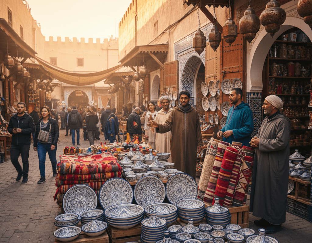 A vibrant market stall in Fes, Morocco, showcasing an array of traditional souvenirs. In the foreground, intricate handcrafted pottery in blue and white patterns, alongside colorful woven rugs and delicate metalwork lanterns. The middle layer features artisan sellers, dressed in modest, colorful clothing, engaging with customers, highlighting the warm community atmosphere. The background reveals the charming architecture of Fes, with its iconic blue and ochre walls and ornate doorways. Soft, warm golden light filters through the market, creating a welcoming, inviting ambiance. Capture the mood of cultural richness and the allure of Moroccan craftsmanship, aiming for a lively, bustling market scene with an emphasis on artisanal details. Use a slight perspective angle to create depth.