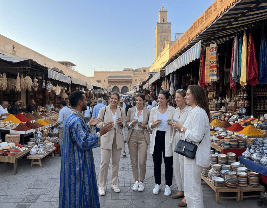 A vibrant marketplace scene in Fes, Morocco, showcasing cultural encounters. In the foreground, diverse individuals in professional attire and modest casual clothing engage in animated conversations. One person, wearing a traditional Moroccan kaftan, shares a story with a group of tourists dressed in smart casual outfits. The middle ground features colorful stalls brimming with spices, textiles, and handcrafted pottery, emphasizing the richness of Moroccan culture. In the background, the iconic blue and white architecture of Fes contrasts against the azure sky, capturing the essence of this historic city. The soft golden light of late afternoon creates a warm and inviting atmosphere, enhancing the joyful exchange of cultural experiences. The image is framed with a slight angle to add depth and dynamism.