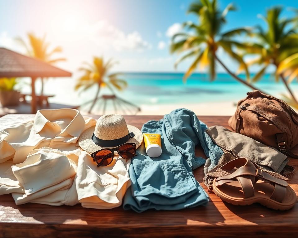 A vibrant, organized travel packing list for a trip to Zanzibar, placed on a wooden table with a blend of seasonal clothing items arranged neatly. The foreground features light cotton shirts, a sun hat, sunglasses, and lightweight trousers, all in bright colors reflecting the tropical climate. In the middle, practical items like sunscreen, a rain poncho, and sturdy sandals are scattered around, emphasizing preparation for both sun and rain. The background showcases a soft-focus beach scene with palm trees and the azure sea under a sunny sky, evoking a warm, inviting atmosphere. The lighting is bright and natural, with a warm tone that enhances the tropical feel. The composition should evoke excitement for travel while being visually informative. A vibrant, organized travel packing list for a trip to Zanzibar, placed on a wooden table with a blend of seasonal clothing items arranged neatly. The foreground features light cotton shirts, a sun hat, sunglasses, and lightweight trousers, all in bright colors reflecting the tropical climate. In the middle, practical items like sunscreen, a rain poncho, and sturdy sandals are scattered around, emphasizing preparation for both sun and rain. The background showcases a soft-focus beach scene with palm trees and the azure sea under a sunny sky, evoking a warm, inviting atmosphere. The lighting is bright and natural, with a warm tone that enhances the tropical feel. The composition should evoke excitement for travel while being visually informative.