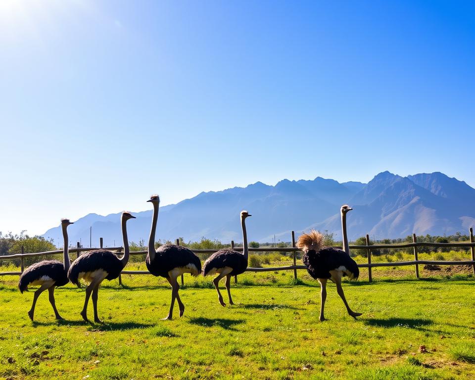 A vibrant ostrich farm located in Oudtshoorn under a bright blue sky. In the foreground, several healthy ostriches roam freely, showcasing their long necks and distinctive feathers. The middle ground features a rustic wooden fence enclosing the farm, with lush green grass and patches of colorful wildflowers. Behind the farm, the dramatic Swartberg Mountains rise majestically, silhouetted against the sunlight, casting soft shadows. The scene is illuminated by warm, natural lighting, emphasizing the textures of the feathers and the surrounding landscape. The overall atmosphere is peaceful and inviting, reflecting the natural beauty of the region, perfect for exploring the surroundings of the Cango Caves. A vibrant ostrich farm located in Oudtshoorn under a bright blue sky. In the foreground, several healthy ostriches roam freely, showcasing their long necks and distinctive feathers. The middle ground features a rustic wooden fence enclosing the farm, with lush green grass and patches of colorful wildflowers. Behind the farm, the dramatic Swartberg Mountains rise majestically, silhouetted against the sunlight, casting soft shadows. The scene is illuminated by warm, natural lighting, emphasizing the textures of the feathers and the surrounding landscape. The overall atmosphere is peaceful and inviting, reflecting the natural beauty of the region, perfect for exploring the surroundings of the Cango Caves.