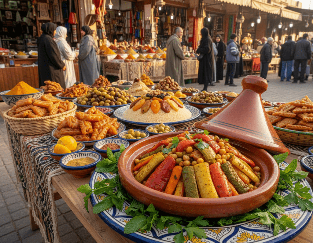 A vibrant outdoor Moroccan market scene in Fes, showcasing traditional dishes. In the foreground, a beautifully arranged Moroccan tagine with colorful vegetables and aromatic spices, surrounded by fresh herbs and intricate ceramic tableware. In the middle, an elegantly set table with various local delicacies such as couscous, olives, and sweet pastries, highlighting the rich culinary heritage of Fes. Background features bustling market stalls and local vendors dressed in modest, colorful attire, speaking to the lively atmosphere. Soft golden lighting enhances the warmth and richness of the scene, capturing the essence of Moroccan culture. The angle is slightly elevated to provide a comprehensive view of the market, emphasizing the abundance and vibrancy of traditional dishes.