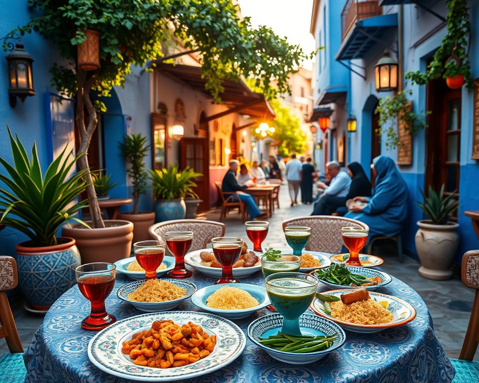 A vibrant outdoor Moroccan restaurant scene in Chefchaouen, showcasing a beautifully arranged table filled with traditional Moroccan dishes such as tagine, couscous, and fresh herbs. The foreground features intricate ceramic plates and colorful glass tea glasses, with a background of Chefchaouen’s iconic blue-washed buildings and cobblestone streets bathed in warm golden sunlight. Lush potted plants and decorative lanterns enhance the atmosphere, creating a cozy and inviting mood. Ensure the scene captures the essence of Moroccan cuisine, with a lively marketplace vibe, and include locals in modest casual clothing, enjoying meals and engaging in conversation. The image should have soft, natural lighting with an inviting, cheerful ambiance, shot with a wide-angle lens to emphasize the vibrant colors and architectural beauty.