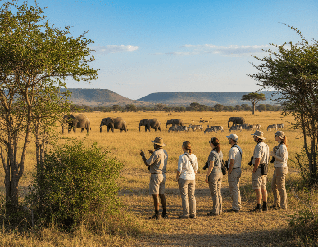 A vibrant safari scene in Hwange National Park, featuring an experienced guide in khaki clothing leading a small group of tourists in modest casual attire as they observe majestic elephants wandering in the golden savannah grass under a bright blue sky. In the foreground, lush green acacia trees frame the scene, while the middle ground showcases the diverse wildlife, including herds of zebras and gazelles. In the background, rolling hills punctuate the horizon, bathed in warm afternoon light. The atmosphere is lively yet tranquil, capturing the essence of adventure and exploration in one of Africa's most renowned national parks. The angle should be eye-level, showcasing the connection between travelers and nature.