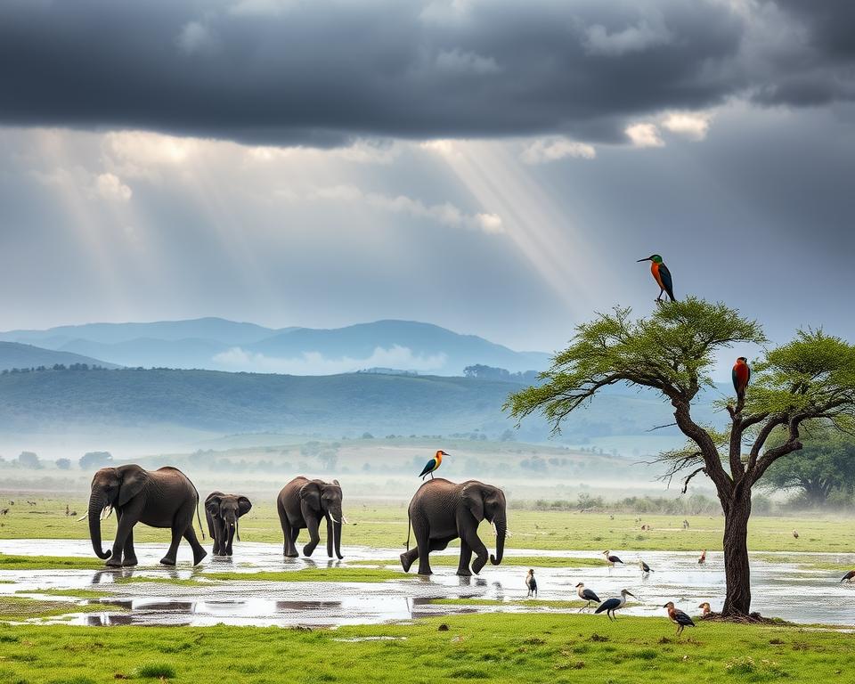 A vibrant scene capturing a safari during Tanzania's rainy season, showcasing lush green landscapes. In the foreground, a family of elephants walks through a puddled clearing, their silhouettes glistening with raindrops. In the middle ground, a variety of colorful birds, like storks and kingfishers, are perched on a nearby tree and pecking the ground, highlighting the rich biodiversity. The background features distant rolling hills, shrouded in mist, under a dramatic gray sky filled with swirling clouds. Soft, diffused sunlight breaks through, creating a serene atmosphere. The angle is slightly elevated to capture the dynamic arrangement of wildlife and landscape, while the overall mood is tranquil yet lively, illustrating the beauty of nature during the rain.