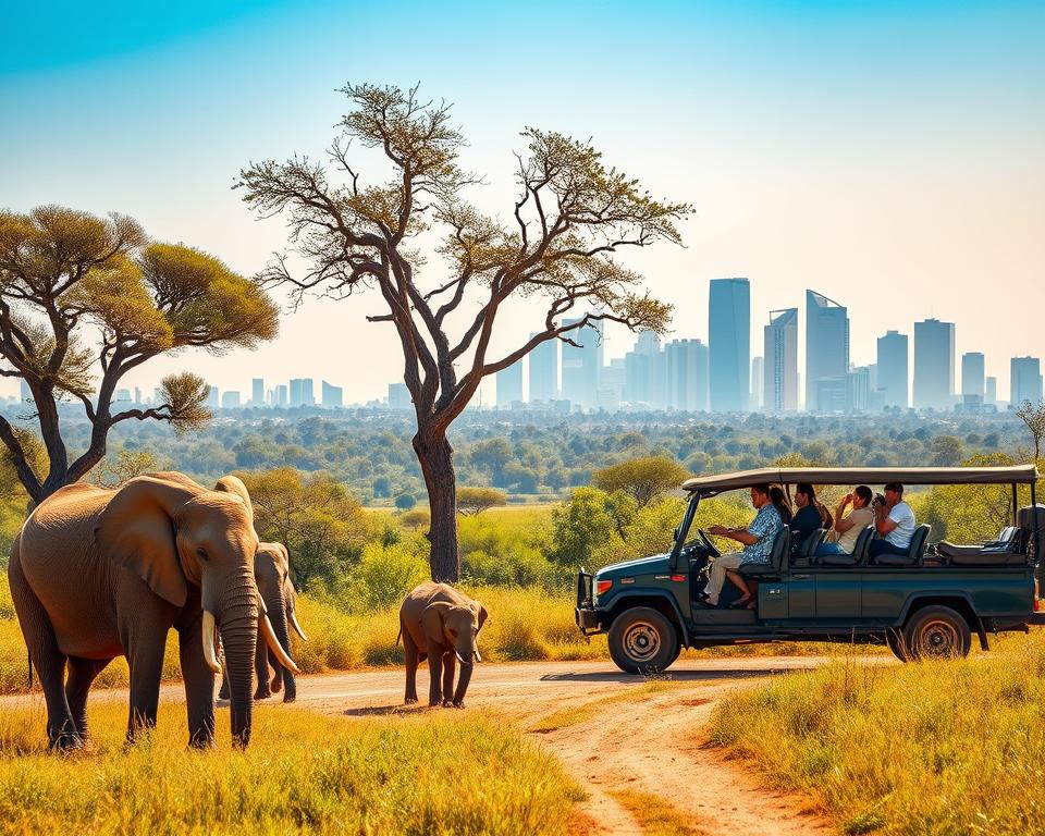 A vibrant scene capturing a safari in Nairobi National Park, where the foreground features a family of elephants grazing under the warm African sun, with lush grass and acacia trees surrounding them. In the middle ground, a stylish safari vehicle parked on a dirt road, with passengers in modest casual clothing taking photos, immersed in nature. The background reveals the impressive Nairobi skyline, showcasing a blend of modern skyscrapers and greenery, framed by a clear blue sky. The lighting is bright and inviting, emphasizing the wildlife and urban contrast. The mood is adventurous and serene, highlighting the unique beauty of Nairobi's wilderness and culture just outside the city.