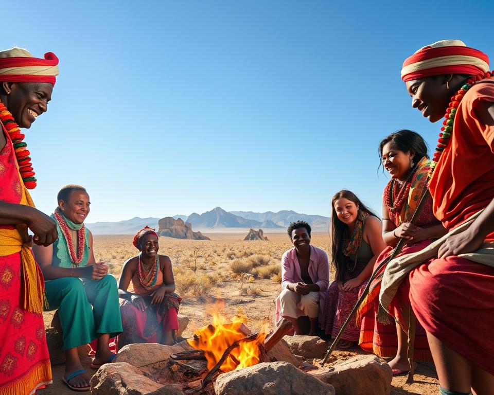 A vibrant scene capturing cultural exchange with the San people in Namibia. In the foreground, a group of San men and women, dressed in traditional, colorful attire, enthusiastically engage with a small group of travelers dressed in modest casual clothing. They are sharing stories around a traditional fire, with expressions of warmth and connection. In the middle ground, a rugged Namibian landscape features unique rock formations and sparse vegetation under a bright blue sky. In the background, distant mountains rise gently. The lighting casts a soft, golden hue, creating an inviting atmosphere that emphasizes the sense of sharing and community. The angle is slightly elevated, offering a panoramic view that highlights both the people and their stunning surroundings. The mood is joyous and inspiring, evoking a deep sense of connection with the local culture.