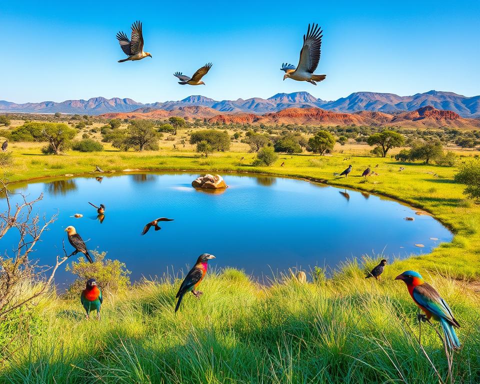 A vibrant scene capturing the diverse birdlife in Pilanesberg National Park, showcasing a variety of species such as colorfulAfrican birds including the African Fish Eagle and vibrant Lilac-breasted Roller. In the foreground, depict a lush green landscape dotted with acacia trees, where birds are perched and taking flight. The middle ground features a serene waterhole reflecting the clear blue sky, surrounded by soft grasses and a few scattered rocks. In the background, rolling hills leading to distant mountains should be visible under warm, golden sunlight, enhancing the natural beauty of the park. The atmosphere is peaceful and serene, inviting viewers to appreciate the tranquility of this unique ecosystem. The image should be captured from a low angle, creating a sense of immersion in the avian world. A vibrant scene capturing the diverse birdlife in Pilanesberg National Park, showcasing a variety of species such as colorfulAfrican birds including the African Fish Eagle and vibrant Lilac-breasted Roller. In the foreground, depict a lush green landscape dotted with acacia trees, where birds are perched and taking flight. The middle ground features a serene waterhole reflecting the clear blue sky, surrounded by soft grasses and a few scattered rocks. In the background, rolling hills leading to distant mountains should be visible under warm, golden sunlight, enhancing the natural beauty of the park. The atmosphere is peaceful and serene, inviting viewers to appreciate the tranquility of this unique ecosystem. The image should be captured from a low angle, creating a sense of immersion in the avian world.