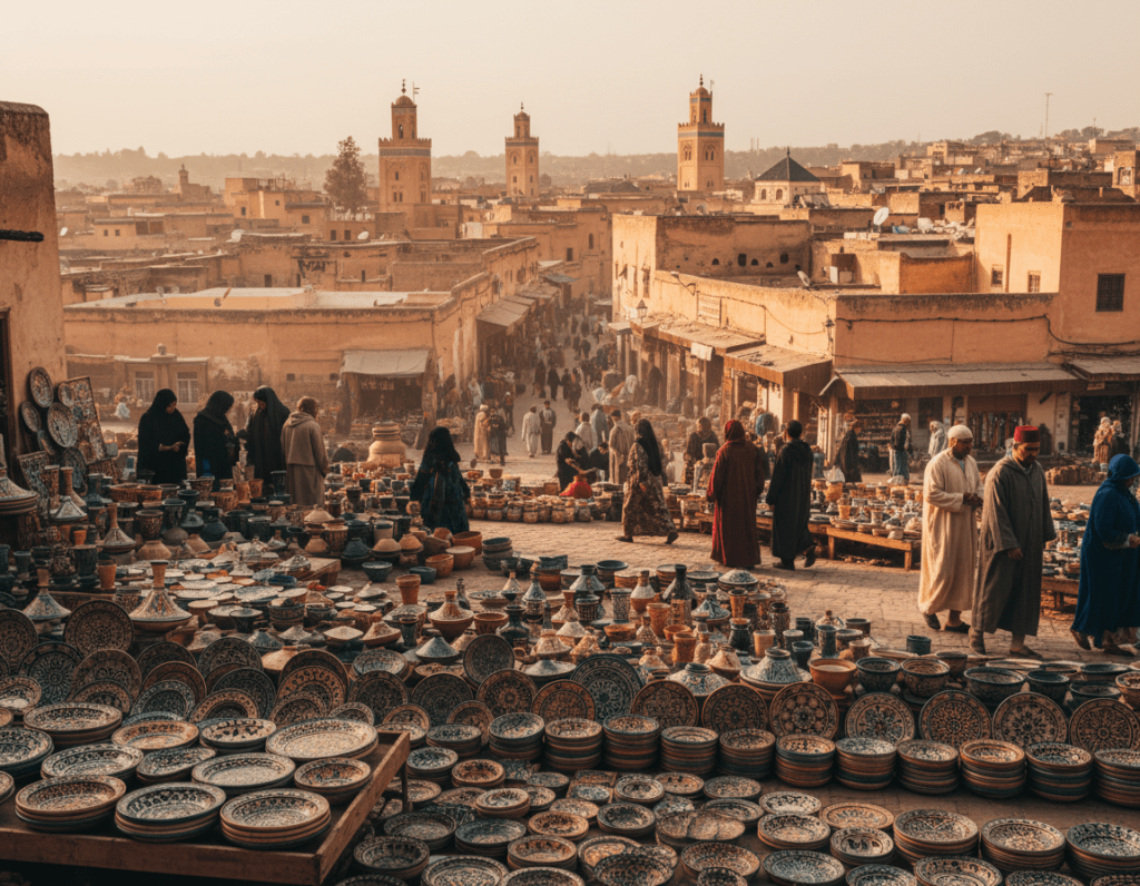 A vibrant scene capturing the essence of Fes, Morocco, focusing on its rich cultural heritage. In the foreground, showcase intricately designed Moroccan tiles and traditional ceramics displayed at a bustling local market, alive with colors of blue, orange, and gold. In the middle ground, capture the silhouettes of people dressed in modest traditional attire, engaged in lively conversation and trade, emphasizing the community spirit. The background features the historic architecture of Fes, with its famous medina's winding streets and iconic minarets basking in warm, golden sunlight. Use a slightly elevated angle to give a panoramic view, reflecting the lively atmosphere and cultural vibrancy. The overall mood is inviting and warm, immersing viewers in the heart of Fes's cultural richness.