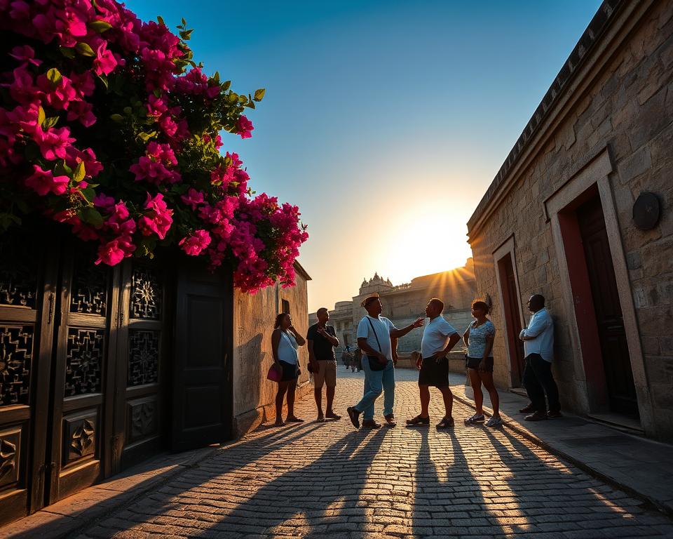 A vibrant scene capturing the essence of Stone Town, Tanzania, during an ideal day of exploration. In the foreground, a cobblestone street lined with intricately carved wooden doors and vibrant bougainvillea blossoms spilling over the edges. In the middle ground, a group of tourists, dressed in modest casual clothing, eagerly discussing the local history while pointing at a historical landmark, perhaps the Old Fort. The background features the stunning silhouette of ancient Swahili architecture against a brilliant blue sky, with the sun setting, casting a warm golden glow. Soft shadows enhance the texture of the stone walls and pavements. The atmosphere is inviting and lively, perfectly illustrating a cultural and historical adventure. The perspective is slightly elevated, giving a panoramic view of this captivating destination.