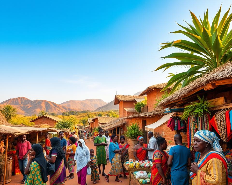 A vibrant scene capturing the essence of West Africa, featuring a bustling local market in the foreground with colorful textiles and handcrafted goods on display. Shoppers, dressed in modest, culturally appropriate attire, engage in lively conversations while vendors showcase their products. In the middle ground, traditional mud-brick houses with thatched roofs reflect the architectural style of the region, adorned with lush greenery and tropical plants. In the background, majestic hills rise against a clear blue sky, bathed in warm golden sunlight that adds a soft glow to the landscape, evoking a sense of warmth and community. The atmosphere is lively and inviting, embodying both the rich culture and the tropical climate of West Africa. Use a wide-angle lens to capture the full depth of the scene, inviting the viewer to explore this dynamic environment.