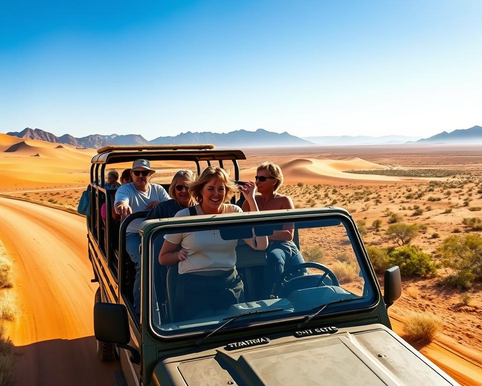 A vibrant scene depicting a small group safari vehicle navigating through the stunning landscapes of Namibia. In the foreground, a rugged 4x4 vehicle is shown, with several travelers dressed in modest casual clothing, looking excited and engaged with the surroundings. The middle ground showcases the enchanting Namib Desert, with towering sand dunes and sparse vegetation under a bright blue sky. In the background, the distant silhouette of jagged mountains defines the horizon. The image is bathed in warm, golden sunlight, creating a serene and adventurous atmosphere. The composition should be dynamic, with a focus on the exploration aspect of the journey, captured from a slightly elevated angle to enhance the depth and immersion of the scene.