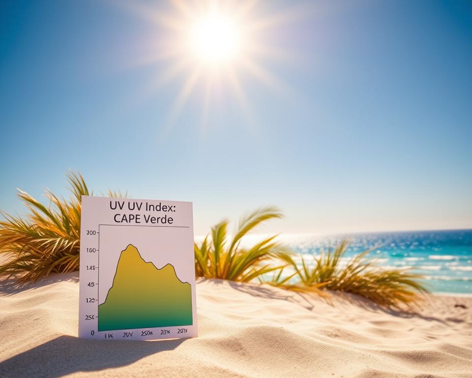 A vibrant scene depicting the UV index for Cape Verde, showcasing a clear blue sky with a radiant sun positioned at a high angle, casting warm golden light. In the foreground, a stylish digital representation of a UV index chart, clearly indicating levels of UV exposure, set against a sandy beach backdrop. The middle ground features tropical vegetation, swaying gently in the breeze, hinting at the region's natural beauty. In the background, the ocean sparkles under the sunlight, reflecting bright hues of blue and turquoise. The atmosphere should evoke a sense of excitement for travel, with bright colors and a feeling of tropical warmth. Ensure the scene emphasizes safety in sun exposure, ideal for travelers planning their trip to Cape Verde.