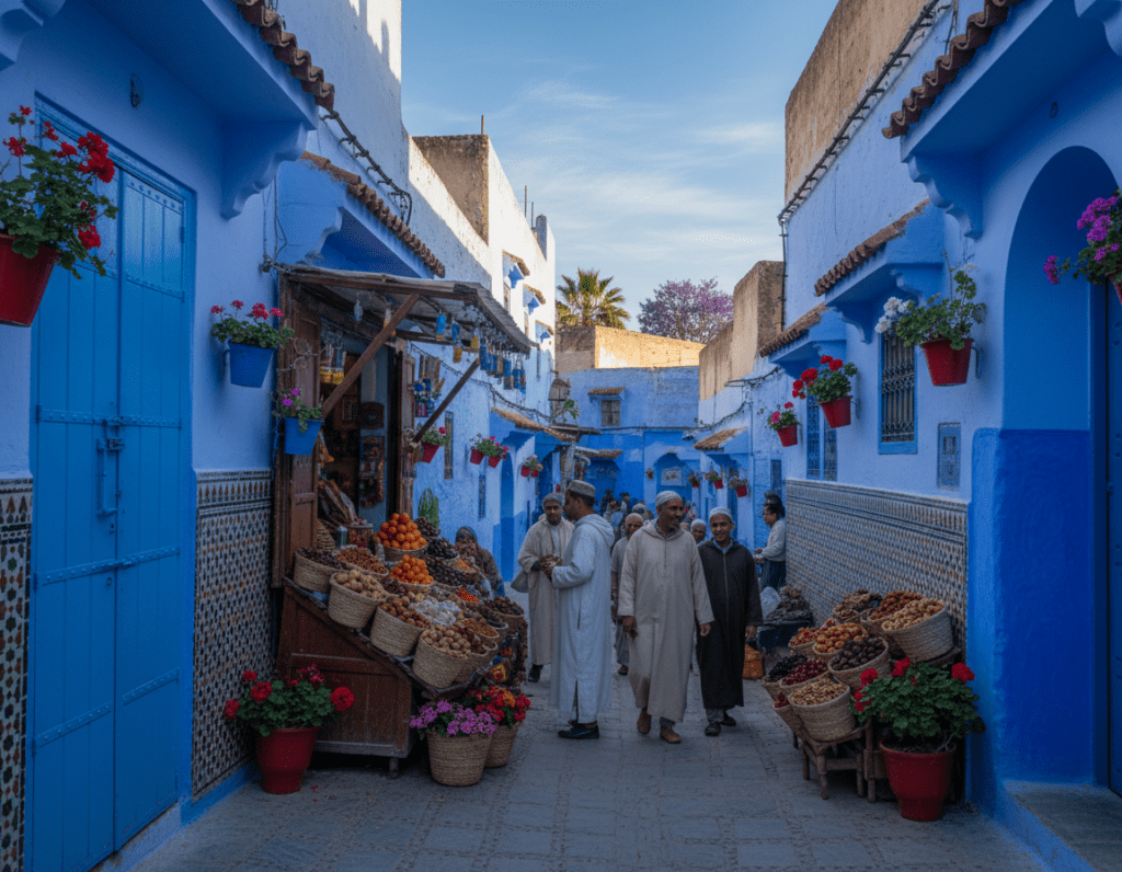 A vibrant scene depicting the best time to visit Fes, Morocco, showcasing its famous blue streets. In the foreground, a charming narrow alleyway lined with brilliant blue-painted buildings adorned with intricate tilework and colorful flower pots. In the middle ground, a traditional Moroccan market stall displays fresh fruits and spices, with locals dressed in modest, casual clothing enjoying the warm sun. The background features soft, golden light filtering through the architecture, casting gentle shadows that enhance the texture of the walls. The atmosphere is lively and inviting, capturing the essence of Fes in spring, with blooming flowers and clear blue skies that evoke a sense of exploration and cultural richness. The perspective is wide-angle to emphasize the beauty of the surroundings.