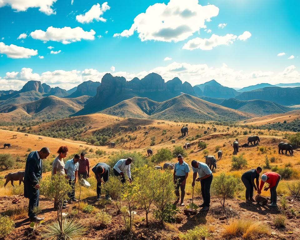A vibrant scene depicting the essence of conservation in Pilanesberg National Park. In the foreground, a diverse group of volunteers in professional attire, planting native trees and cleaning up the landscape, embodying sustainable practices. The middle ground features sweeping hills with a variety of flora, showcasing the rich biodiversity of the region, with animals like elephants and zebras subtly visible in the distance. The background showcases the majestic rocky formations of the park under a bright blue sky, scattered clouds allowing soft sunlight to spill over the terrain. The image should evoke a sense of harmony between nature and humanity, with warm lighting to create an uplifting and hopeful atmosphere. Use a wide-angle lens to capture the expansive beauty of the park. A vibrant scene depicting the essence of conservation in Pilanesberg National Park. In the foreground, a diverse group of volunteers in professional attire, planting native trees and cleaning up the landscape, embodying sustainable practices. The middle ground features sweeping hills with a variety of flora, showcasing the rich biodiversity of the region, with animals like elephants and zebras subtly visible in the distance. The background showcases the majestic rocky formations of the park under a bright blue sky, scattered clouds allowing soft sunlight to spill over the terrain. The image should evoke a sense of harmony between nature and humanity, with warm lighting to create an uplifting and hopeful atmosphere. Use a wide-angle lens to capture the expansive beauty of the park.