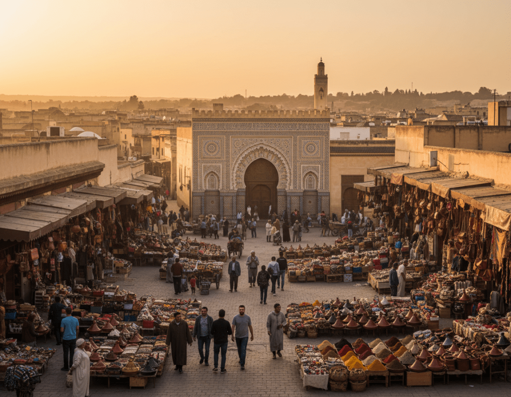 A vibrant scene depicting the historical landmarks in Fes Medina, Morocco, showcasing intricate architecture and bustling street life. In the foreground, colorful market stalls display traditional Moroccan crafts and spices, with locals in modest casual clothing exploring the area. The middle layer features iconic structures like the Bou Inania Madrasa and the Al-Attarine Madrasa, highlighted by their ornate tile work and arches. In the background, the sun sets behind the ancient city, casting a warm golden light across the scene. Utilize a wide-angle lens to capture the depth of the Medina, emphasizing the atmospheric cobblestone streets filled with both locals and tourists. The overall mood is inviting and lively, reflecting the rich cultural heritage of Fes.