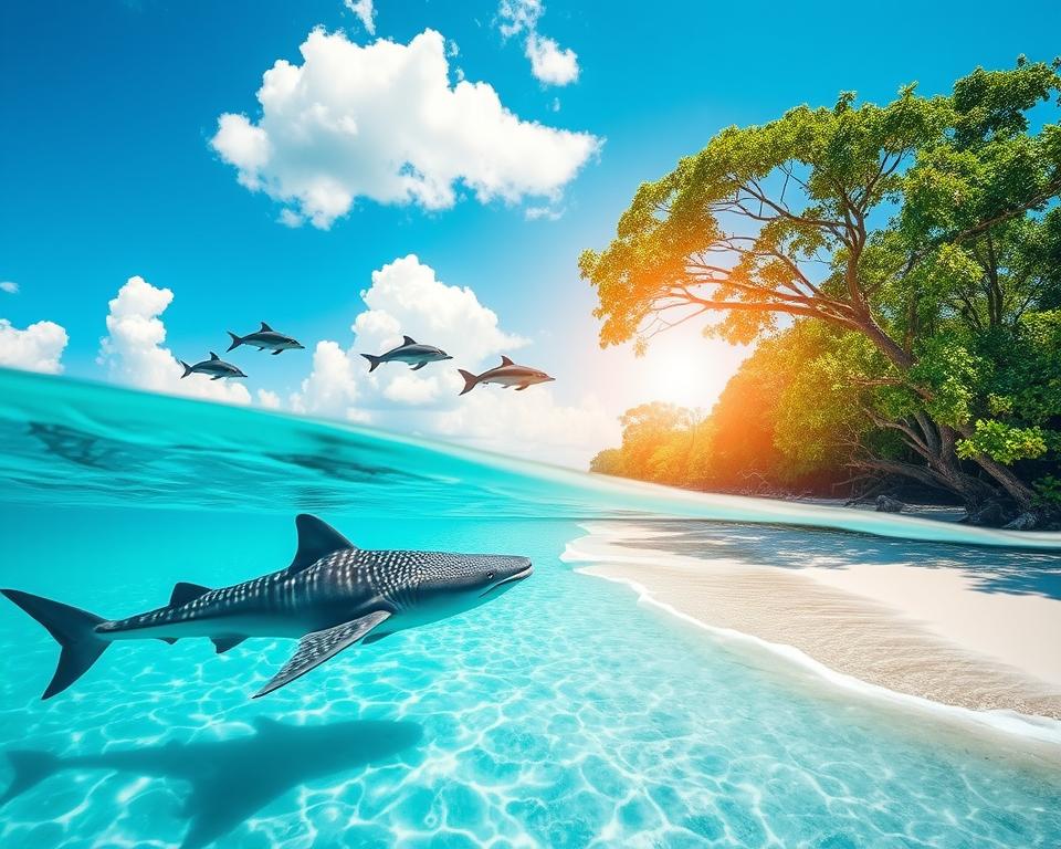 A vibrant scene depicting the natural beauty of Zanzibar, focusing on its diverse wildlife. In the foreground, a graceful whale shark glides through crystal-clear turquoise waters, with playful dolphins leaping in the background. To the right, a lush representation of Jozani Forest showcases towering mangrove trees, their rich green foliage providing a habitat for vibrant tropical birds. The middle ground features a sunlit beach with soft white sands, inviting waves lapping gently at the shore. The background captures a bright blue sky with fluffy white clouds, casting a warm glow over the landscape. The overall mood is serene and captivating, embodying the essence of Zanzibar's rich ecology and its best months for wildlife encounters. Use bright, natural lighting to enhance the colors and details throughout the scene. A vibrant scene depicting the natural beauty of Zanzibar, focusing on its diverse wildlife. In the foreground, a graceful whale shark glides through crystal-clear turquoise waters, with playful dolphins leaping in the background. To the right, a lush representation of Jozani Forest showcases towering mangrove trees, their rich green foliage providing a habitat for vibrant tropical birds. The middle ground features a sunlit beach with soft white sands, inviting waves lapping gently at the shore. The background captures a bright blue sky with fluffy white clouds, casting a warm glow over the landscape. The overall mood is serene and captivating, embodying the essence of Zanzibar's rich ecology and its best months for wildlife encounters. Use bright, natural lighting to enhance the colors and details throughout the scene.