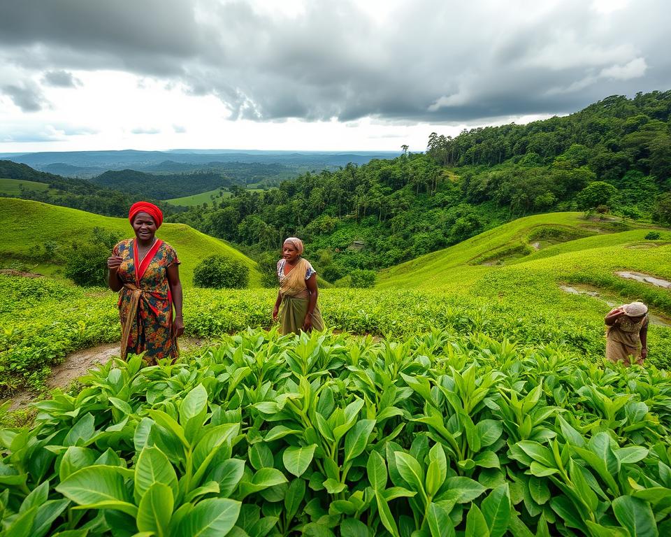 A vibrant scene depicting the rainy season in Tanzania, showcasing lush green landscapes filled with diverse flora. In the foreground, local farmers in modest, colorful clothing joyfully gather crops, their faces expressing hope and gratitude. The middle ground features rolling hills and fertile fields adorned with puddles reflecting the overcast sky. In the background, a dense tropical forest fades into a distant horizon, where dark rain clouds loom, hinting at the heavy downpour. Soft, diffused natural light creates a peaceful, harmonious atmosphere, evoking a sense of renewal and abundance. Capture this rich cultural moment with a wide-angle lens perspective, emphasizing the beauty of the Tanzanian countryside during this critical seasonal change.