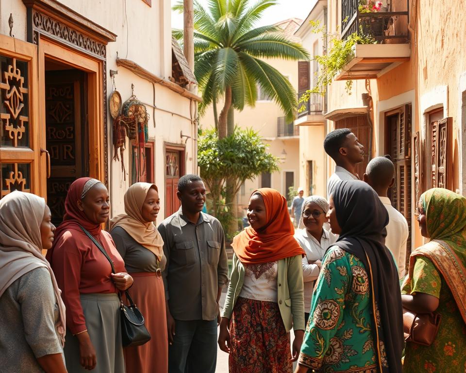 A vibrant scene in Stone Town, Tanzania, showcasing the rich culture and historical architecture. In the foreground, a diverse group of individuals dressed in modest casual clothing is engaged in a friendly conversation, embodying respect and community spirit. The middle ground features the iconic intricately carved wooden doors and narrow winding streets of Stone Town, adorned with local crafts and vibrant textiles. The background presents sunlit buildings with Swahili architectural elements, framed by lush tropical greenery. The lighting is warm and inviting, reflecting a late afternoon glow. Shot from a slight angle, capturing both the bustling atmosphere and serene corners, this image conveys a sense of safety, connection, and cultural richness that defines Stone Town's unique character.