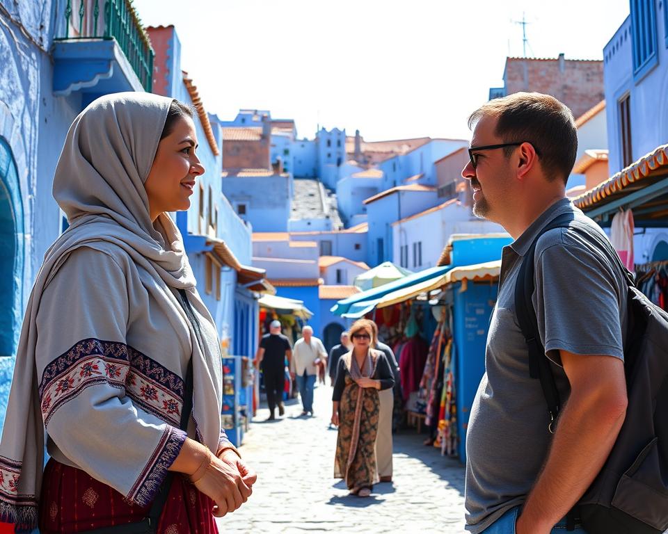 A vibrant scene in the Blue City of Chefchaouen, Morocco, showcasing its iconic blue-painted buildings and intricate architecture. In the foreground, a modestly dressed local woman in traditional attire is engaged in conversation with a traveler, both displaying respectful curiosity and mutual interest. The middle ground features bustling market stalls adorned with colorful textiles and handcrafted goods, adding an authentic cultural atmosphere. The background highlights the dramatic blue and whitewashed hills with terracotta rooftops under a bright sunny sky. Soft natural lighting casts gentle shadows, creating depth and warmth. The overall mood is inviting and serene, capturing the essence of respectful travel in this unique cultural hub.
