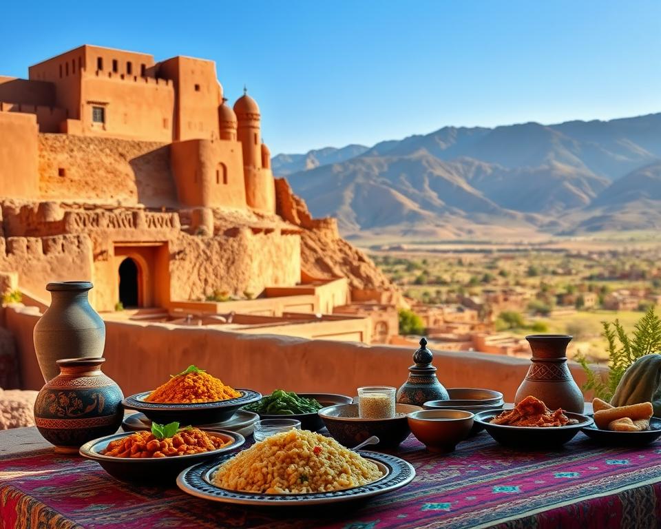 A vibrant scene of Ait Ben Haddou, showcasing its iconic earthen buildings against the stunning backdrop of the Atlas Mountains. In the foreground, a traditional Moroccan table filled with colorful couscous, tagine, and fresh mint tea, decorated with intricate pottery and textiles. In the middle ground, the ancient kasbahs of Ait Ben Haddou bask in the warm golden sunlight, the texture of the adobe walls highlighted against the azure sky. In the background, majestic mountains with a clear blue sky, casting soft shadows. The atmosphere is inviting and rich, embodying the essence of Moroccan culture and cuisine. Use soft, natural lighting to enhance the beauty of the scene, ideally captured from a slightly elevated angle to provide a panoramic view of this enchanting location.
