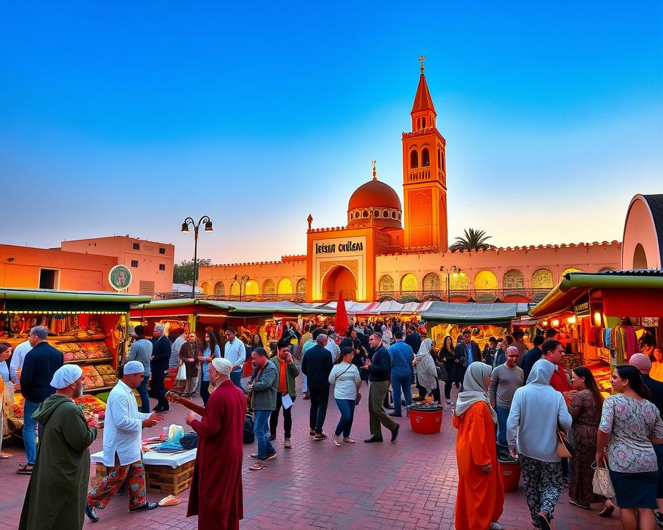 A vibrant scene of Djemaa el-Fna Platz in Marrakech, showcasing its lively atmosphere. In the foreground, a group of artists and musicians dressed in traditional Moroccan attire perform, attracting a crowd of local residents and visitors in modest casual clothing. The middle ground features bustling market stalls filled with colorful spices, textiles, and handmade crafts, with merchants engaging warmly with customers. In the background, the iconic Koutoubia Mosque stands majestically against a deep blue sky at sunset, casting warm golden light across the plaza. The scene is infused with an enchanting aura, reflecting the rich culture and vibrant life of Marrakech. Capture this dynamic moment from a slightly elevated angle, emphasizing the interactions and the stunning architectural details. A vibrant scene of Djemaa el-Fna Platz in Marrakech, showcasing its lively atmosphere. In the foreground, a group of artists and musicians dressed in traditional Moroccan attire perform, attracting a crowd of local residents and visitors in modest casual clothing. The middle ground features bustling market stalls filled with colorful spices, textiles, and handmade crafts, with merchants engaging warmly with customers. In the background, the iconic Koutoubia Mosque stands majestically against a deep blue sky at sunset, casting warm golden light across the plaza. The scene is infused with an enchanting aura, reflecting the rich culture and vibrant life of Marrakech. Capture this dynamic moment from a slightly elevated angle, emphasizing the interactions and the stunning architectural details.