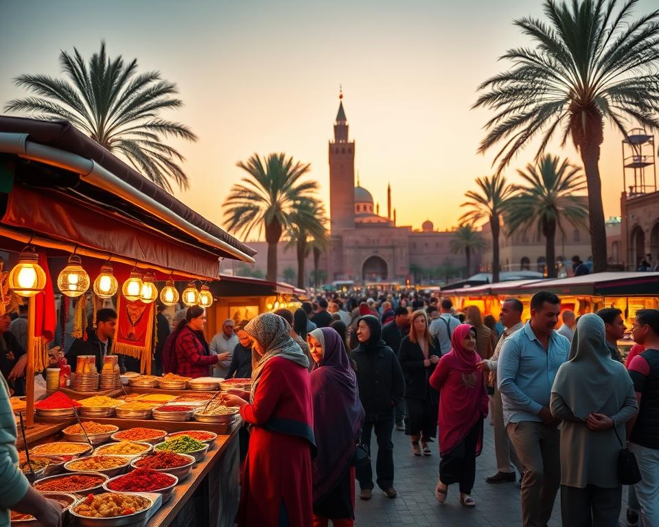 A vibrant scene of Djemaa el Fna in Marrakesch at sunset, bustling with activity. In the foreground, a traditional food stall serves delicious Moroccan dishes, with colorful spices and fresh ingredients on display. Middle ground features local artisans and performers showcasing their crafts. A diverse group of tourists, dressed in modest casual clothing, watch street musicians and snake charmers. The background highlights the iconic Koutoubia Mosque silhouetted against a golden sky, with palm trees framing the scene. Warm, inviting lighting bathes the square, creating a lively and enchanting atmosphere, evoking the charm of Moroccan culture. Capture the essence of the bustling market, enhancing the mood with soft focus for a dreamlike quality, shot at a slight angle to emphasize depth.