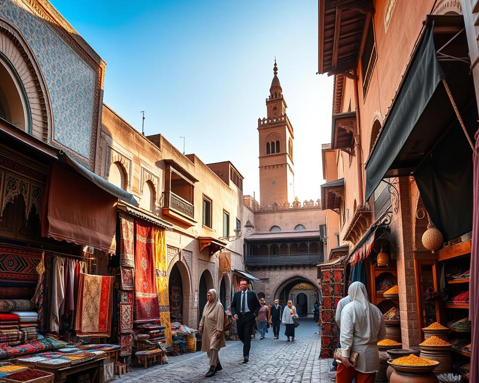 A vibrant scene of Fès Medina, showcasing its intricate architecture and bustling markets. In the foreground, a narrow cobblestone street lined with colorful stalls displaying handwoven rugs and spices, vibrant textiles hanging overhead. The middle ground features the stunning mosaic-tiled facades of traditional Moroccan riads, with intricate wood carvings and ornate arches. In the background, the iconic Bou Inania Madrasa rises, its minaret piercing the clear blue sky. Soft golden sunlight filters through the alley, casting warm shadows and creating an inviting atmosphere. A few individuals dressed in modest casual clothing can be seen browsing the market, adding life without overwhelming the scene. The image should be captured with a shallow depth of field to draw focus on the architectural details, emphasizing the rich cultural heritage of Fès. A vibrant scene of Fès Medina, showcasing its intricate architecture and bustling markets. In the foreground, a narrow cobblestone street lined with colorful stalls displaying handwoven rugs and spices, vibrant textiles hanging overhead. The middle ground features the stunning mosaic-tiled facades of traditional Moroccan riads, with intricate wood carvings and ornate arches. In the background, the iconic Bou Inania Madrasa rises, its minaret piercing the clear blue sky. Soft golden sunlight filters through the alley, casting warm shadows and creating an inviting atmosphere. A few individuals dressed in modest casual clothing can be seen browsing the market, adding life without overwhelming the scene. The image should be captured with a shallow depth of field to draw focus on the architectural details, emphasizing the rich cultural heritage of Fès.