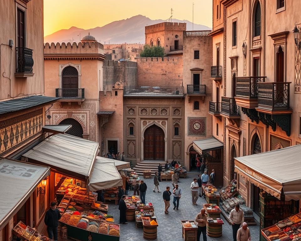 A vibrant scene of Fes Medina, showcasing its rich historical architecture and bustling atmosphere. In the foreground, intricate mosaic tiles and traditional street vendors selling colorful spices and textiles create a lively market scene. The middle ground features majestic, ornately designed buildings with striking wooden doors and wrought iron balconies, typical of Moroccan architecture. In the background, the ancient city walls and the silhouette of the Atlas Mountains at dusk provide a stunning backdrop. Soft, warm golden lighting enhances the intricate details while casting gentle shadows, evoking a sense of wonder and exploration. Capture the intense colors and textures, showcasing the charm and cultural depth of Fes.