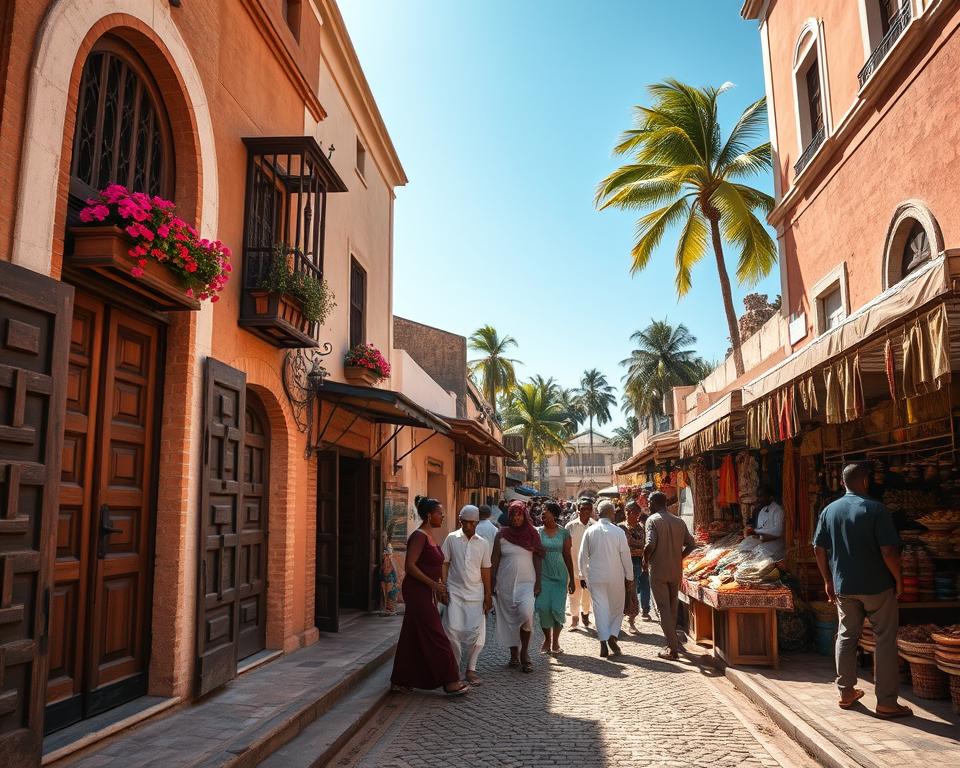 A vibrant scene of Stone Town, Zanzibar, showcasing its unique Arab-influenced architecture. In the foreground, a narrow cobblestone street lined with intricate wooden doors and colorful flowers spilling from window boxes. In the middle ground, a lively market atmosphere with people dressed in modest casual clothing, engaging in trade with spices and textiles on display. The background features the iconic Forodhani Gardens with palm trees swaying gently, under a bright, blue sky. Soft afternoon sunlight casts warm golden hues over the buildings, highlighting their textures. Capture this picturesque blend of culture, tradition, and the rich aroma of spices, emphasizing the enchanting allure of Zanzibar as a spice island. Use a wide-angle lens to create depth and draw in the viewer, evoking a sense of warmth and vibrancy. A vibrant scene of Stone Town, Zanzibar, showcasing its unique Arab-influenced architecture. In the foreground, a narrow cobblestone street lined with intricate wooden doors and colorful flowers spilling from window boxes. In the middle ground, a lively market atmosphere with people dressed in modest casual clothing, engaging in trade with spices and textiles on display. The background features the iconic Forodhani Gardens with palm trees swaying gently, under a bright, blue sky. Soft afternoon sunlight casts warm golden hues over the buildings, highlighting their textures. Capture this picturesque blend of culture, tradition, and the rich aroma of spices, emphasizing the enchanting allure of Zanzibar as a spice island. Use a wide-angle lens to create depth and draw in the viewer, evoking a sense of warmth and vibrancy.