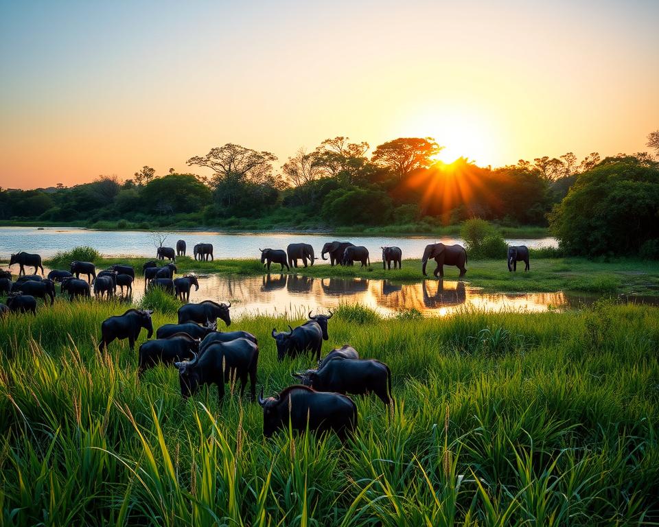 A vibrant scene of iSimangaliso Wetland Park, showcasing a lush landscape teeming with wildlife. In the foreground, a herd of wildebeest grazes calmly by the shimmering waters of Lake St. Lucia, with lush grasses and delicate reeds framing the scene. The middle ground features a group of elephants calmly drinking from the lake, their reflections perfectly mirrored in the water. In the background, the sun sets behind a dense canopy of ancient mangroves, casting a warm golden light that enhances the deep green hues of the vegetation. The sky transitions from blue to a soft orange and pink, creating a serene and tranquil atmosphere. The image should be captured with a wide-angle lens, emphasizing the vastness of this pristine wilderness, inviting the viewer to experience the beauty of nature up close.