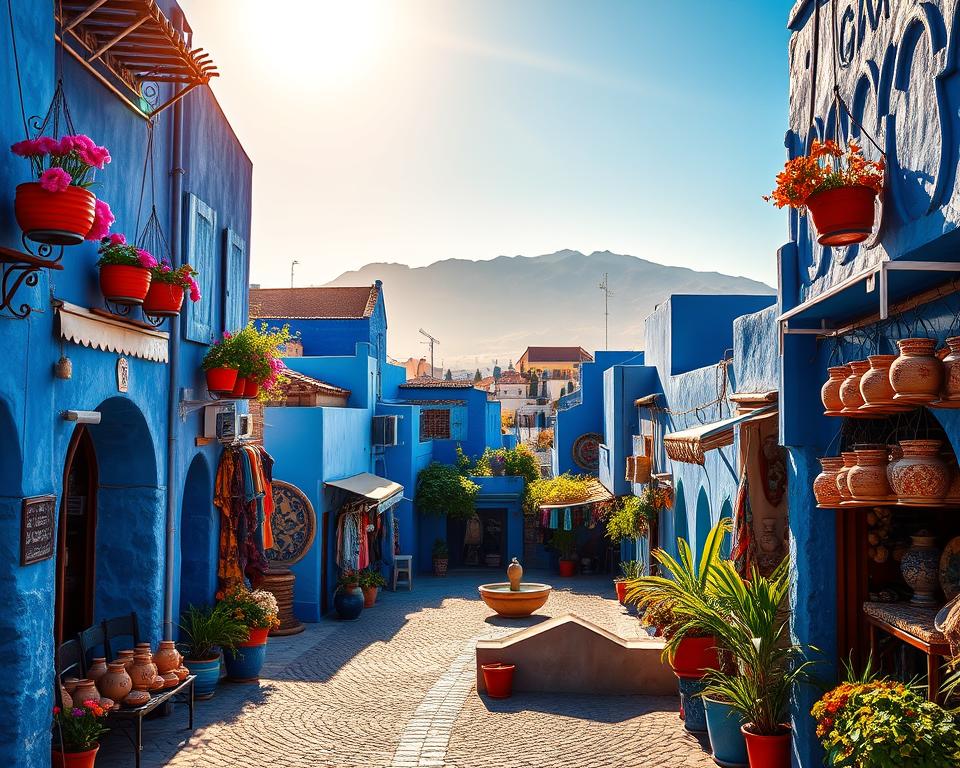 A vibrant scene of the Blue City of Morocco, highlighting its iconic blue-washed buildings adorned with colorful flower pots and intricate tile work. In the foreground, a narrow cobblestone street lined with charming local shops, featuring stunning artisan crafts and pottery. In the middle ground, a small plaza with a fountain, inviting visitors to pause and enjoy the surroundings. In the background, the majestic Atlas Mountains loom under a clear blue sky, bathed in warm golden sunlight, casting soft shadows on the streets below. The atmosphere is serene and inviting, perfect for capturing the essence of this magical destination. Capture the scene with a wide-angle shot to emphasize the depth of this picturesque landscape, while keeping the colors vibrant and the lighting warm and welcoming.