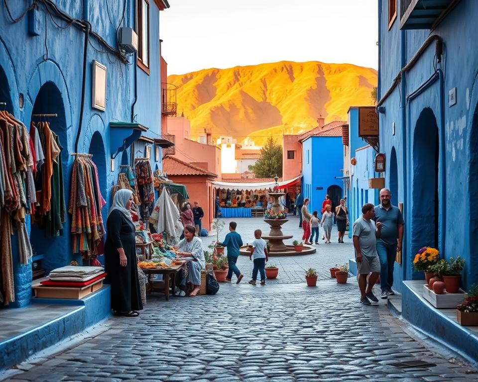 A vibrant scene of the Medina of Chefchaouen, Morocco, showcasing its iconic blue-hued buildings and narrow winding alleys. In the foreground, a cobblestone street lined with local artisan shops, selling traditional handicrafts and textiles. A modestly dressed local vendor engages with a tourist, both immersed in genuine conversation. The middle ground displays a charming plaza with potted plants and colorful flower arrangements, where children play and locals interact. In the background, the mountainous landscape rises, bathed in warm golden light from the setting sun, casting soft shadows and creating an inviting atmosphere. The composition is captured from a slightly elevated angle to encompass the bustling life and beauty of this unique city.