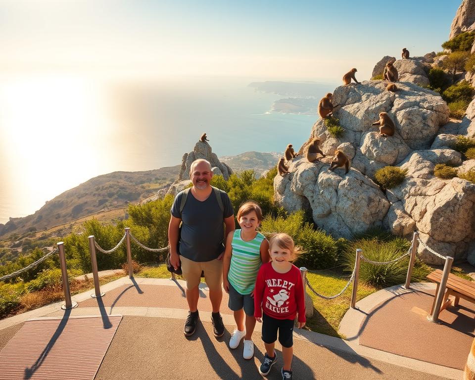 A vibrant scene of the scenic Monkey Rock in Gibraltar, showcasing a family-friendly viewpoint accessible for all. In the foreground, a family with two children joyfully observing the rock formations, dressed in casual clothing, demonstrating accessibility features like ramps and benches. In the middle ground, lush greenery and the famous Barbary macaques climbing on the rocks, creating a lively atmosphere. The background reveals expansive views of the Mediterranean Sea and the distant coast of Africa, bathed in warm, golden sunlight, adding a serene and inviting mood to the image. The angle captures an inviting perspective, taken from eye-level to emphasize the accessibility experience, ensuring a bright and cheerful ambiance without any distractions.