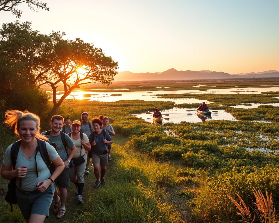 A vibrant scene showcasing outdoor activities in KwaZulu-Natal's iSimangaliso Wetland Park. In the foreground, a diverse group of casually dressed individuals are hiking along a lush trail, carrying backpacks and smiling as they explore. To the middle, a duo of kayakers gracefully paddles through the calm waters, surrounded by dense vegetation and the reflections of the sky. In the background, a picturesque sunset casts warm golden light over the landscape, highlighting the serene wetlands and silhouettes of distant hills. The atmosphere is tranquil yet exhilarating, evoking a sense of adventure in nature. A gentle breeze rustles through the trees, enhancing the feeling of being immersed in the wild beauty of the park. The image captures the essence of hiking, kayaking, and exploring the rich biodiversity of this stunning location.