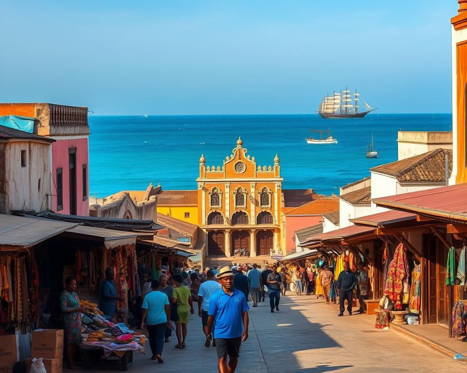 A vibrant scene showcasing the historic architecture of Stone Town, Tanzania, featuring the intricate details of its Arab, Swahili, and European influences. In the foreground, a bustling market with local artisans selling handmade crafts and vibrant textiles. In the middle ground, the iconic House of Wonders standing majestically, complemented by the ornate wooden doors typical of the region. The background reveals the blue waters of the Indian Ocean shimmering under a warm sunset, with traditional dhows sailing peacefully. The atmosphere conveys a sense of rich cultural heritage and lively exploration, captured with soft, golden-hour lighting. A wide-angle perspective enhances the grandeur of the location, making it inviting for travelers eager to discover Stone Town's top attractions.