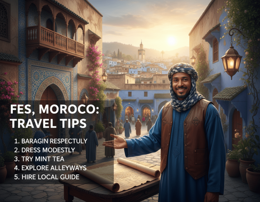A vibrant scene showcasing the rich culture of Fes, Morocco, highlighting practical travel tips for visitors. In the foreground, a friendly local guide gestures towards a detailed map, dressed in traditional yet modest attire, emphasizing hospitality. The middle ground features the striking blue buildings of Fes, adorned with colorful mosaic tiles and intricate architectural details, reflecting the city's iconic style. In the background, the sun rises over the ancient medina, casting a warm golden glow. Lush greenery and decorative lanterns add to the enchanting atmosphere, evoking a sense of wonder and adventure. The image captures a lively yet serene ambiance, inviting travelers to explore the hidden gems of this historical city.