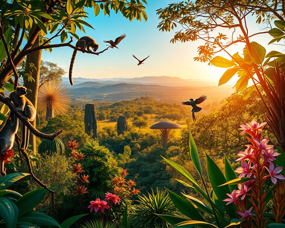 A vibrant scene showcasing the unique biodiversity of Madagascar, featuring a lush tropical rainforest in the foreground. Highlight endemic species such as the iconic lemurs swinging between branches, colorful chameleons perched on leaves, and exotic birds in mid-flight. In the middle ground, depict a diverse array of flora, including baobab trees and vibrant orchids, creating a rich tapestry of greenery. In the background, include distant rolling hills under a clear blue sky, illuminated by warm, golden sunlight that filters through the trees, creating a serene and inviting atmosphere. The mood should evoke a sense of wonder and appreciation for the island's ecological treasures, captured with a slightly tilted angle for dynamic perspective, using a depth of field that keeps all elements in crisp focus. A vibrant scene showcasing the unique biodiversity of Madagascar, featuring a lush tropical rainforest in the foreground. Highlight endemic species such as the iconic lemurs swinging between branches, colorful chameleons perched on leaves, and exotic birds in mid-flight. In the middle ground, depict a diverse array of flora, including baobab trees and vibrant orchids, creating a rich tapestry of greenery. In the background, include distant rolling hills under a clear blue sky, illuminated by warm, golden sunlight that filters through the trees, creating a serene and inviting atmosphere. The mood should evoke a sense of wonder and appreciation for the island's ecological treasures, captured with a slightly tilted angle for dynamic perspective, using a depth of field that keeps all elements in crisp focus.