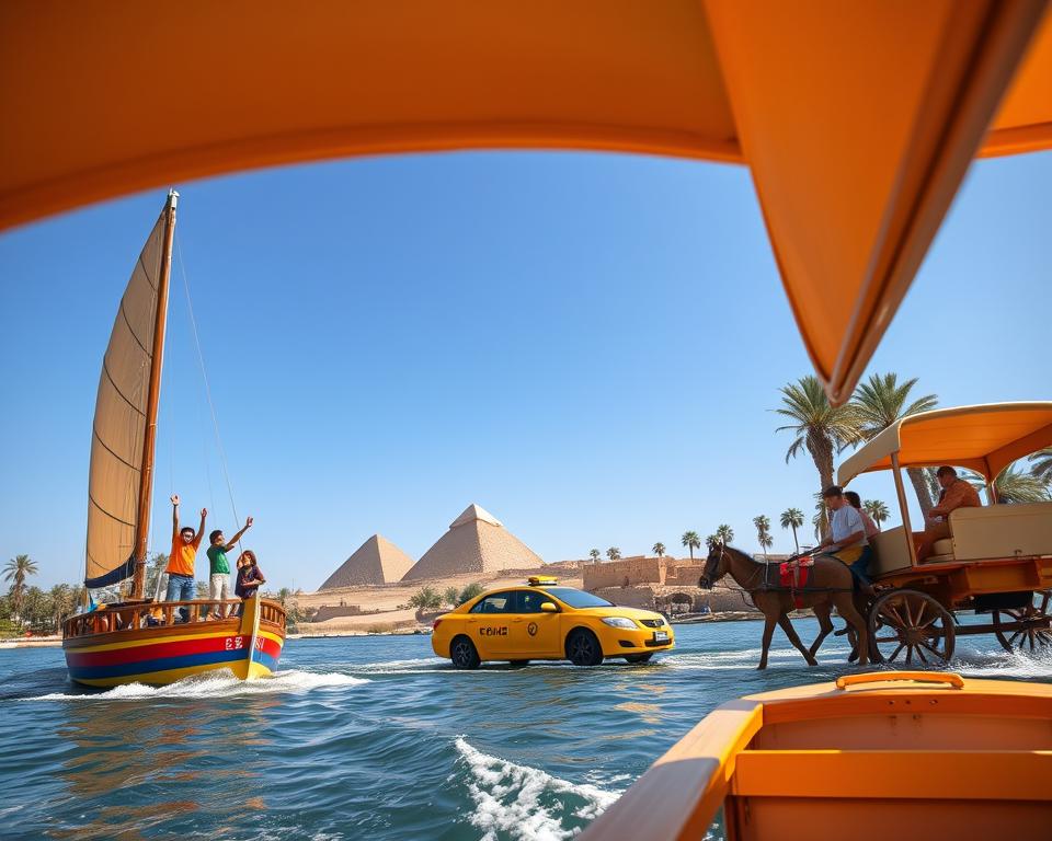 A vibrant scene showcasing various modes of transport in Egypt, suitable for families with children. In the foreground, a colorful felucca sailboat glides across the Nile River, with children excitedly waving from the deck. In the middle, a bright yellow taxi cab and a traditional horse-drawn carriage pass by, capturing the essence of local commuting. The background features the iconic Pyramids of Giza under a clear blue sky, surrounded by lush palm trees. The warm afternoon sunlight casts gentle shadows, enhancing the lively atmosphere. The composition should be wide and immersive, with a slightly angled perspective to draw viewers into the bustling scene. The mood is joyful, emphasizing family adventure and exploration in this fascinating land.