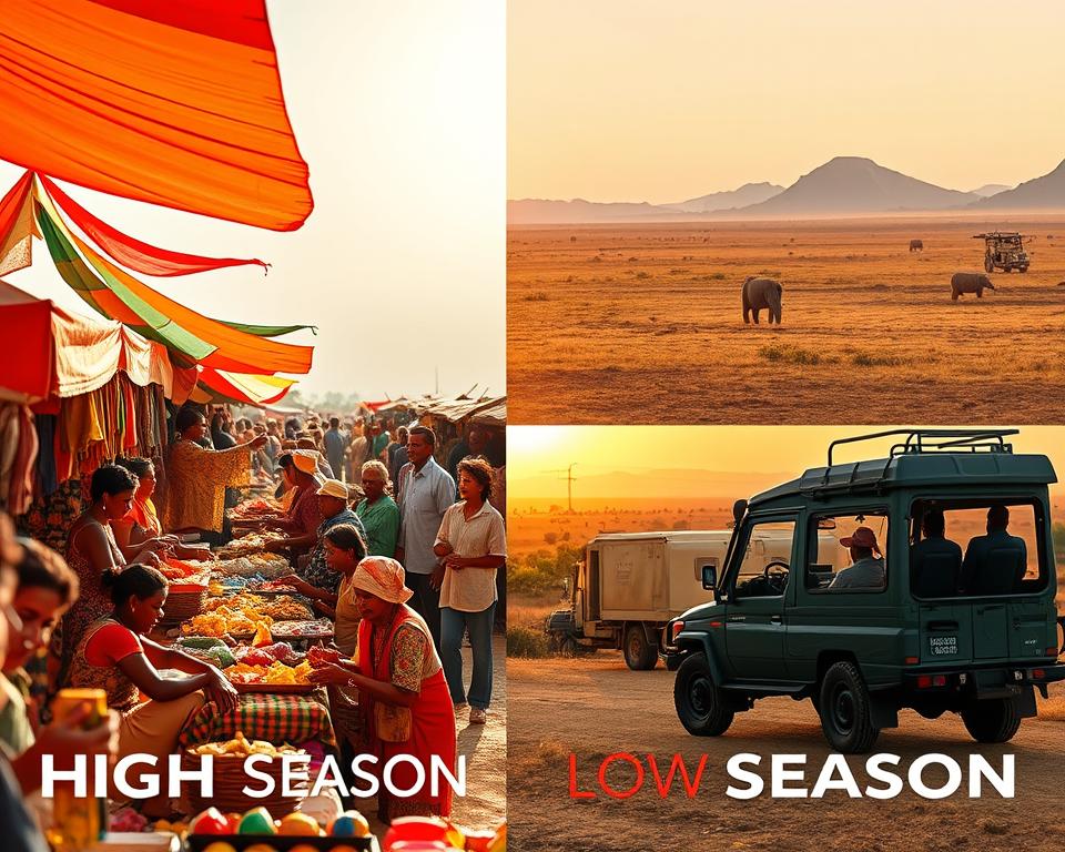 A vibrant split-scene image illustrating "High Season vs. Low Season" for travel in Africa. In the foreground, depict a bustling market with tourists enjoying colorful local crafts and cuisine during the high season, with bright sunlight illuminating the scene, creating a warm and lively atmosphere. In contrast, showcase a serene landscape during the low season in the middle of the image, featuring an empty safari vehicle overlooking a tranquil sunset over the savannah, showcasing muted autumn colors. The background should consist of distinct African landscapes, like the Great Plains and a distant mountain range, blending seamlessly into both scenes. Use a wide-angle lens effect to emphasize the differences and create depth, with soft, natural lighting to enhance the mood of each season, highlighting the contrasts in vibrancy and tranquility.