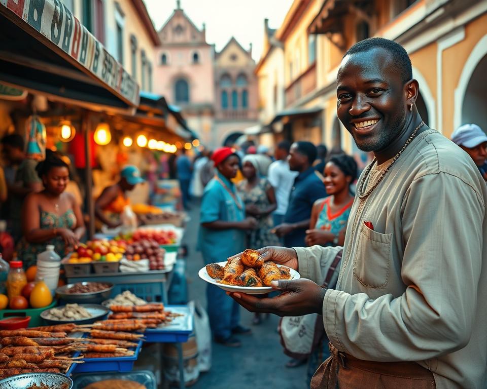 A vibrant street food market scene in Stone Town, Tanzania, showcasing colorful stalls brimming with local delicacies like grilled skewers, fresh fruits, and spices. In the foreground, a smiling vendor, dressed in modest local attire, serves a plate of street food to an excited customer, capturing the lively interaction. The middle ground features other vendors and enthusiastic customers, with a backdrop of historic buildings adorned with intricate Swahili architecture. Soft golden hour lighting bathes the scene, creating a warm and inviting atmosphere. The angle is slightly elevated, offering a panoramic view of the bustling market, highlighting the rich cultural exchange and the delicious aromas, evoking a sense of adventure and discovery.