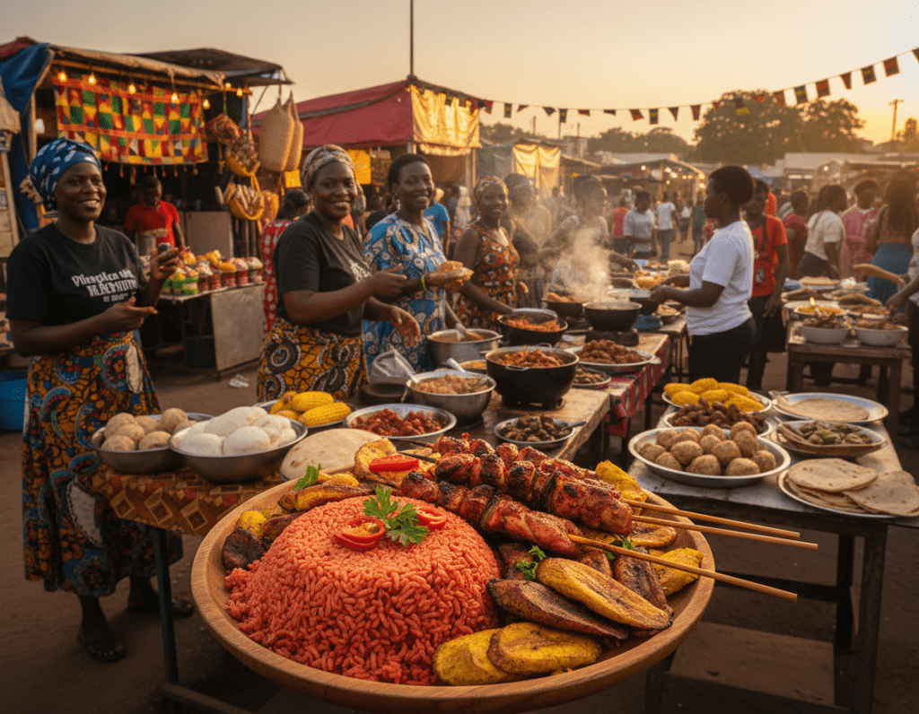 A vibrant street food scene showcasing various traditional African delicacies arranged mouth-wateringly on colorful market stalls. In the foreground, a beautifully presented platter features jollof rice, spicy chicken skewers, and crispy plantains, garnished with fresh herbs. In the middle ground, diverse vendors in modest casual clothing serve customers, engaging with warm smiles. The background is a bustling street marketplace filled with bright fabrics and lively decorations, accentuating the atmosphere of community and celebration. Soft, warm evening light bathes the scene, casting inviting shadows and highlights. The angle captures both the food and the lively interactions, conveying a sense of warmth and cultural richness, perfect for illustrating the joy of cooking African street food at home. A vibrant street food scene showcasing various traditional African delicacies arranged mouth-wateringly on colorful market stalls. In the foreground, a beautifully presented platter features jollof rice, spicy chicken skewers, and crispy plantains, garnished with fresh herbs. In the middle ground, diverse vendors in modest casual clothing serve customers, engaging with warm smiles. The background is a bustling street marketplace filled with bright fabrics and lively decorations, accentuating the atmosphere of community and celebration. Soft, warm evening light bathes the scene, casting inviting shadows and highlights. The angle captures both the food and the lively interactions, conveying a sense of warmth and cultural richness, perfect for illustrating the joy of cooking African street food at home.