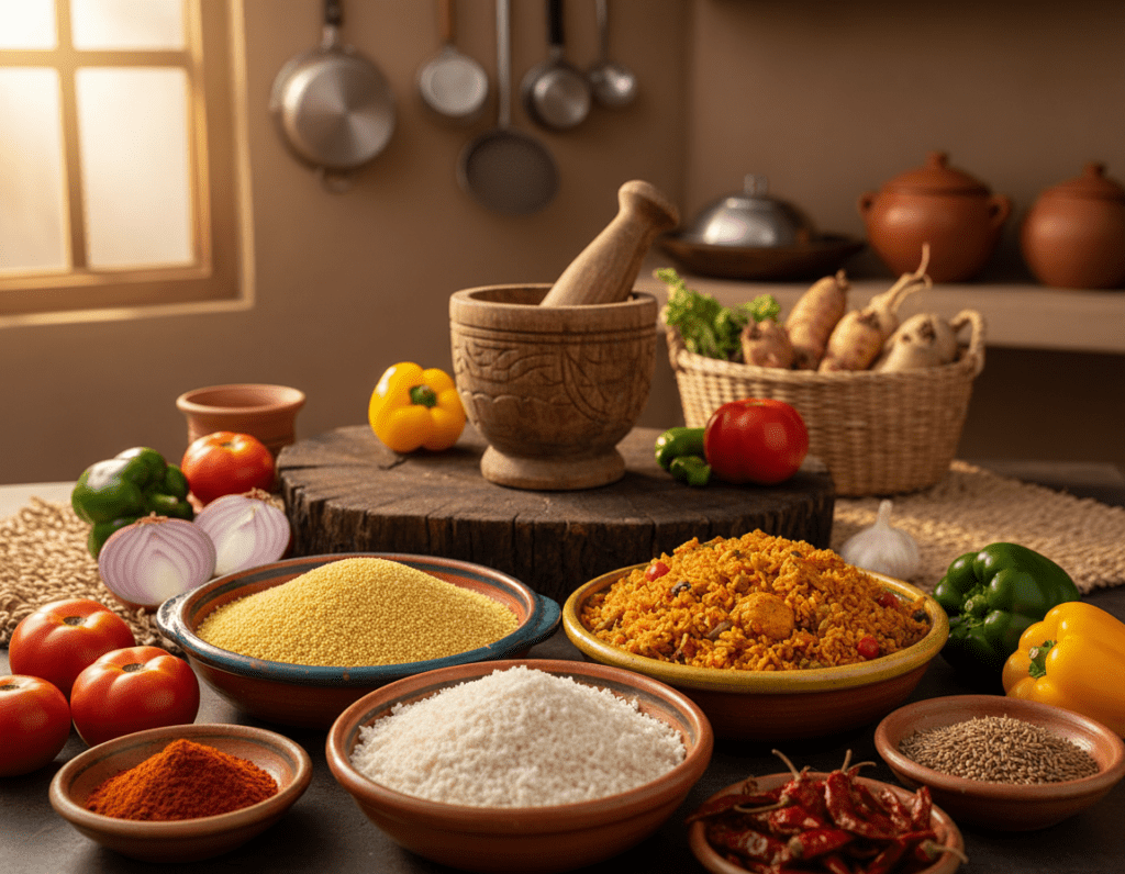 A vibrant tabletop display of essential ingredients for African cuisine, showcasing a variety of spices, grains, and vegetables. In the foreground, colorful bowls filled with staple items like millet, cassava, and jollof rice, surrounded by aromatic spices such as cumin, coriander, and paprika. Fresh ingredients like tomatoes, onions, and bell peppers are artistically arranged. The middle ground features a rustic wooden surface with a traditional mortar and pestle, enhancing the authenticity of the setting. In the background, softly blurred kitchen tools and cooking pots hint at an inviting cooking space. Natural warm lighting illuminates the scene, creating a cozy and welcoming atmosphere. The angle is slightly above eye level, providing an engaging perspective to capture the essence of the African culinary experience. A vibrant tabletop display of essential ingredients for African cuisine, showcasing a variety of spices, grains, and vegetables. In the foreground, colorful bowls filled with staple items like millet, cassava, and jollof rice, surrounded by aromatic spices such as cumin, coriander, and paprika. Fresh ingredients like tomatoes, onions, and bell peppers are artistically arranged. The middle ground features a rustic wooden surface with a traditional mortar and pestle, enhancing the authenticity of the setting. In the background, softly blurred kitchen tools and cooking pots hint at an inviting cooking space. Natural warm lighting illuminates the scene, creating a cozy and welcoming atmosphere. The angle is slightly above eye level, providing an engaging perspective to capture the essence of the African culinary experience.