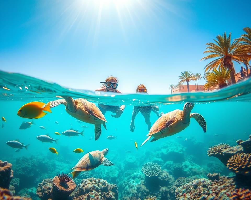 A vibrant underwater scene showcasing a group of snorkelers exploring the coral reefs of Egypt during the ideal snorkeling season. In the foreground, diverse marine life, including colorful fish and graceful sea turtles, swims among the coral formations. The middle ground features two snorkelers in modest swim gear, enjoying the crystal-clear turquoise water, with rays of sunlight filtering through the surface, creating a sparkling effect. The background reveals the silhouette of a sandy beach and palm trees under a bright blue sky, enhancing the tropical atmosphere. The composition captures a sense of adventure and tranquility, inviting viewers to experience the beauty and serenity of snorkeling in Egypt's warm waters. The lighting is bright and cheerful, highlighting the vibrant colors of the underwater world.