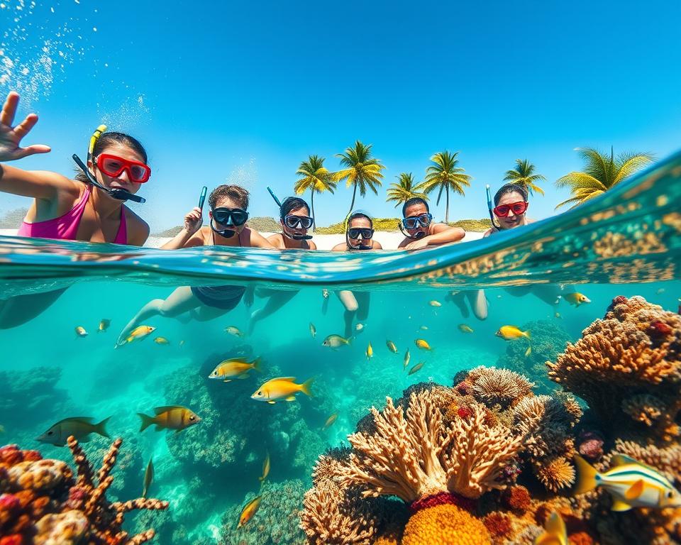 A vibrant underwater scene showcasing snorkeling in Zanzibar. In the foreground, a diverse group of enthusiastic snorkelers, wearing colorful, modest swimwear and masks, explore a coral reef teeming with exotic fish and vibrant marine life. The middle ground features colorful corals and curious sea creatures, illuminated by shimmering sunlight filtering through the clear turquoise water. The background reveals a pristine white sandy beach with swaying palm trees under a bright blue sky. The atmosphere is serene and inviting, capturing the thrill and beauty of marine exploration. The image is lit with soft, natural sunlight, emphasizing the rich colors of the underwater ecosystem, shot from a slightly elevated angle to provide a clear view of the snorkelers and the captivating underwater world.