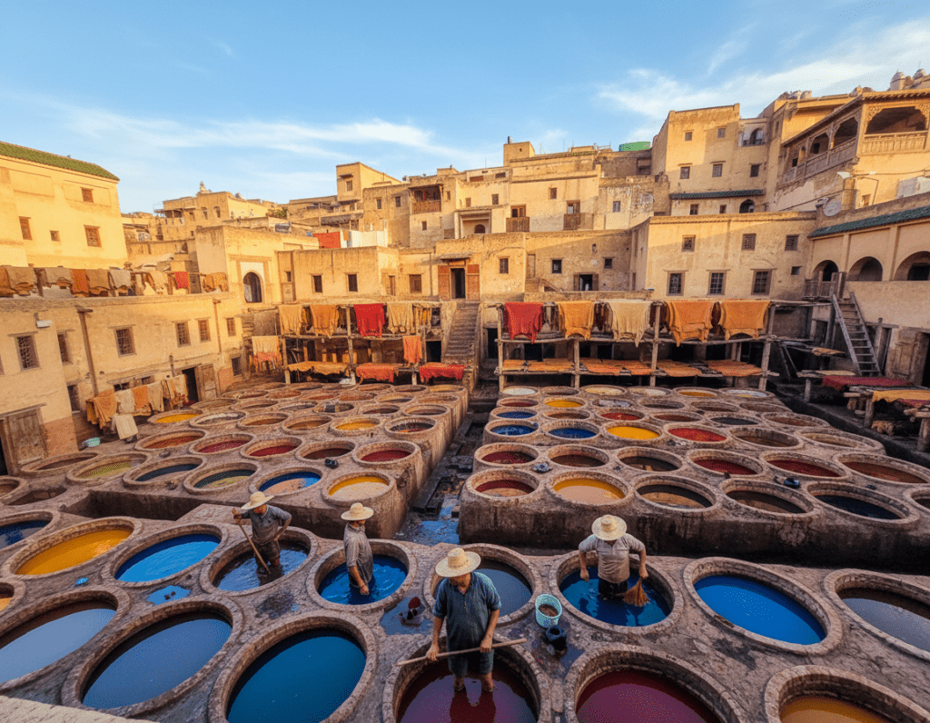 A vibrant view of the Chouara Tannery in Fes, Morocco, showcasing the distinctive dye pits filled with rich, vivid colors like deep blues, vibrant reds, and earth tones. In the foreground, skilled artisans in traditional attire can be seen working diligently, carefully processing leather, their focused expressions reflecting dedication to their craft. The middle ground features an array of beautifully dyed leather products displayed on wooden racks, creating a contrast against the colorful dye pits. In the background, the ancient, worn buildings of Fes rise against a bright, clear sky, with intricate architectural details that hint at the city’s historical significance. The atmosphere is lively yet serene, illuminated by the soft, warm glow of late afternoon sunlight, enhancing the rich textures and colors of the scene, captured from a slightly elevated angle for depth.